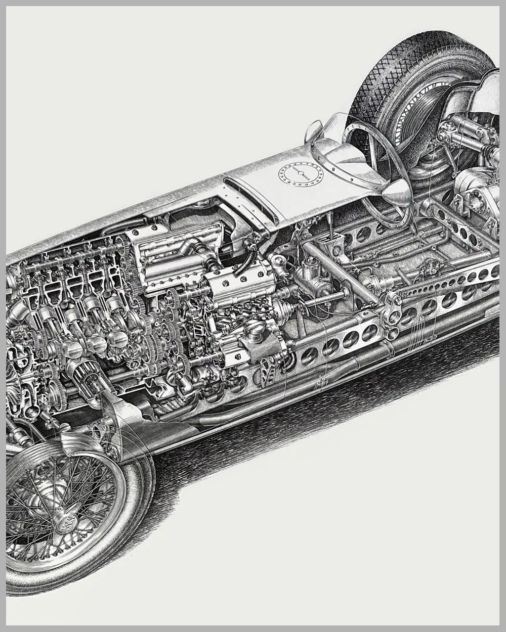 1951 BRM T15 Formula 1 cutaway by Yoshihiro Inomoto print, 1979