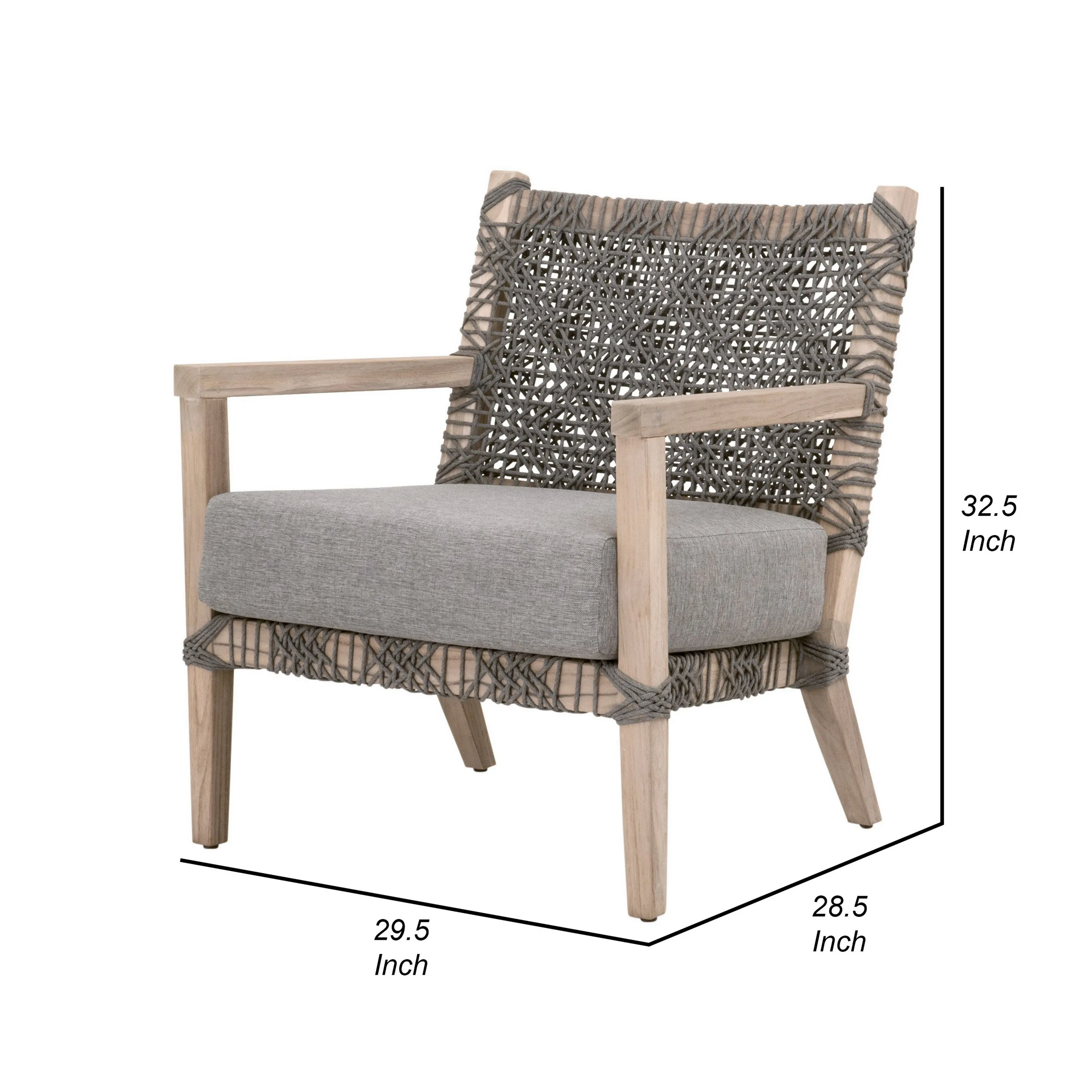 30 Inch Club Chair, Solid Teak Wood, Woven Back and Seat, Gray Cushion By Casagear Home