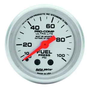 AutoMeter 4312 GAUGE; FUEL PRESSURE; 2 1/16in.; 100PSI; MECHANICAL; ULTRA-LITE