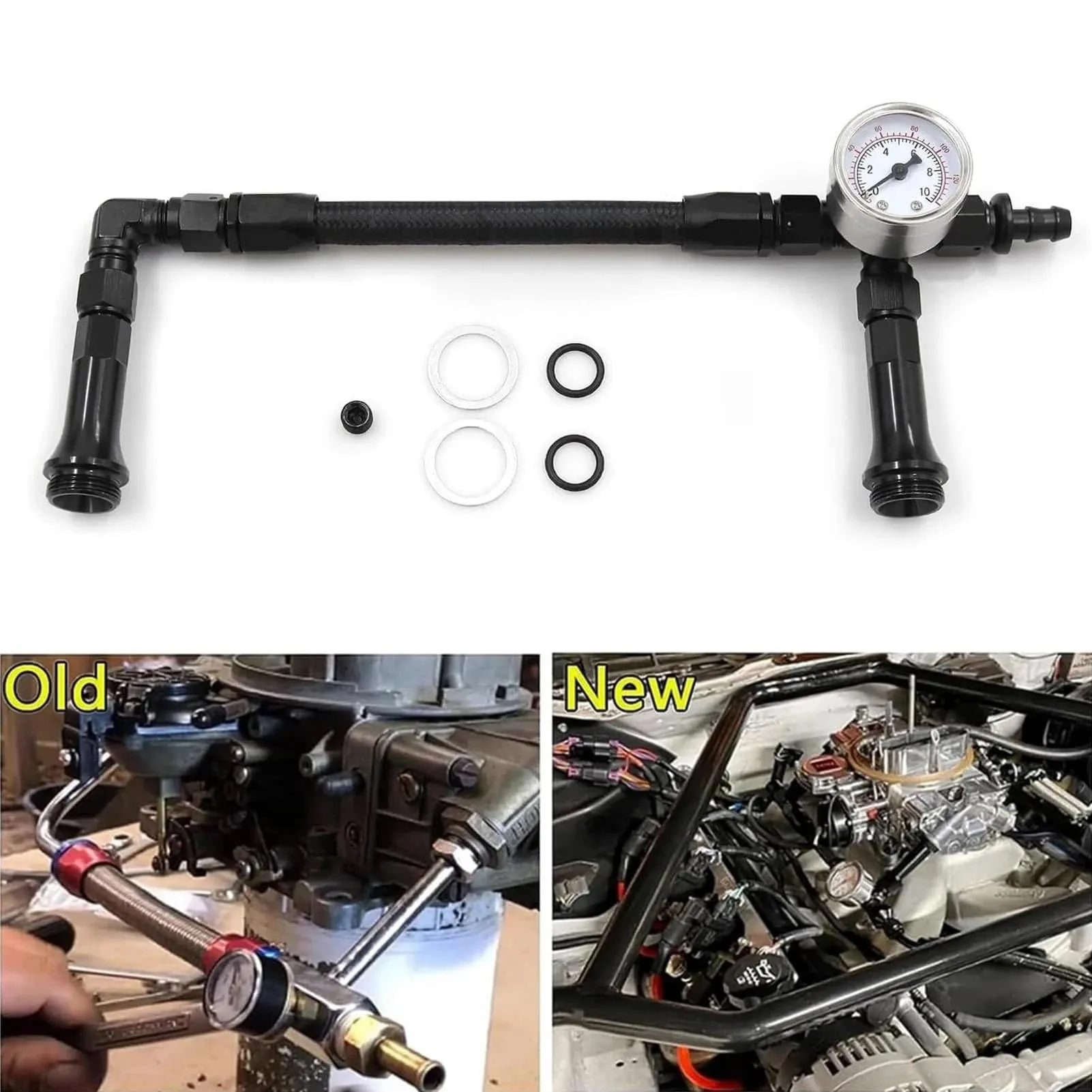 Braided AN6 Dual Feed Carb Fuel Line Double Pump with Vacuum Pressure Gauge for 4150 Holley Carburetor 7/8''-20 Thread