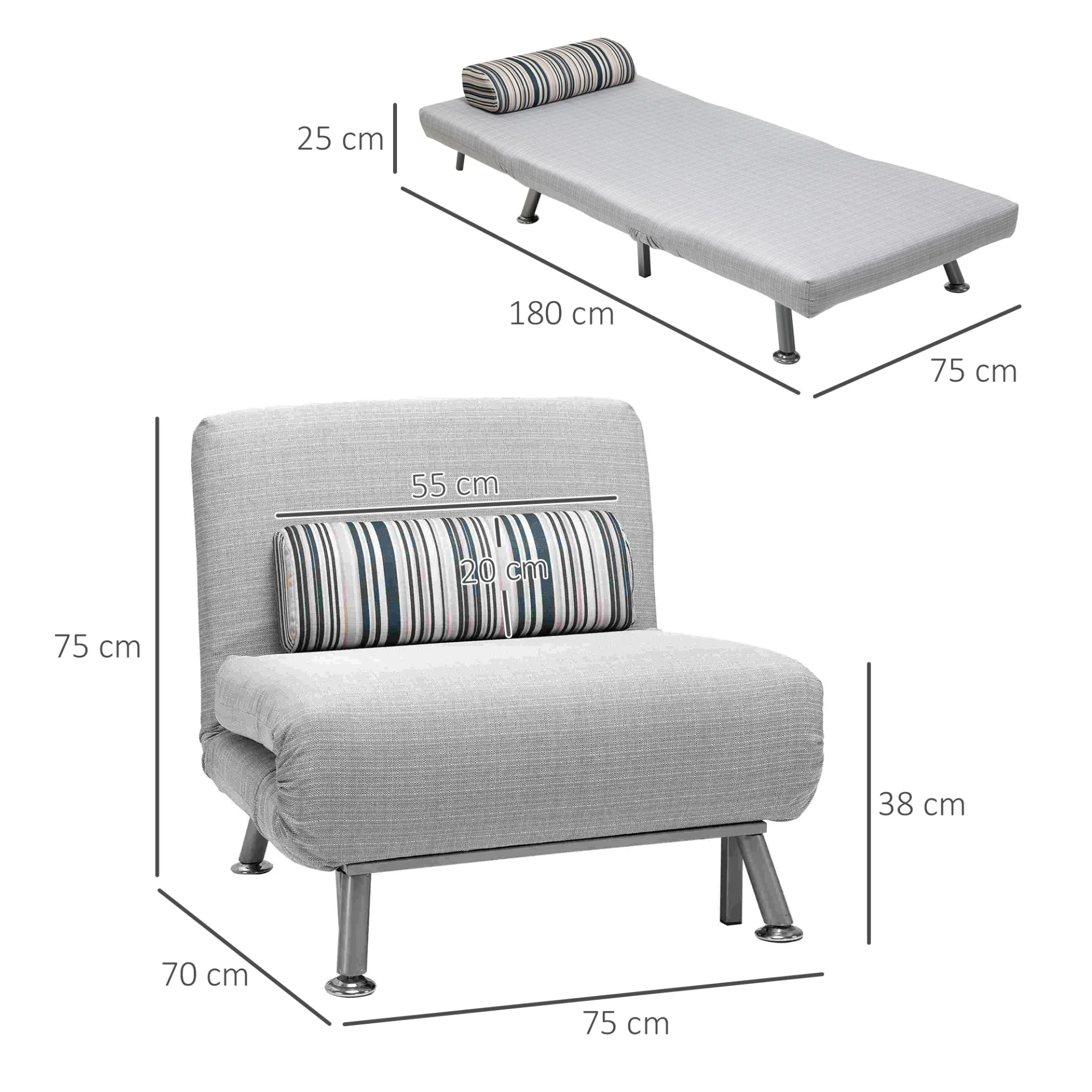 HOMCOM Convertible Single Sofa Bed - Multi-Function, Space-Saving 1 Person Sleeper with Adjustable Back and Pillow, Grey