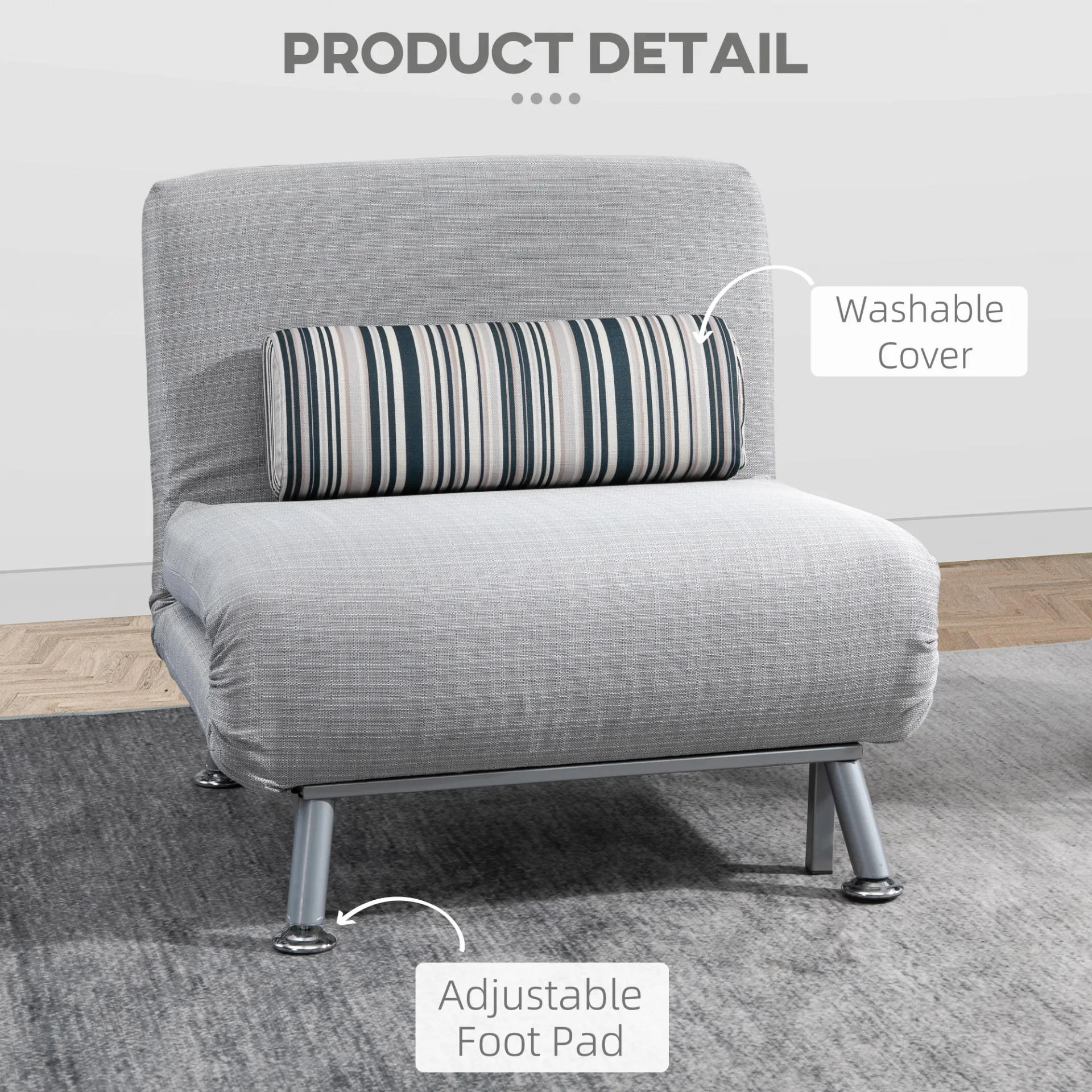 HOMCOM Convertible Single Sofa Bed - Multi-Function, Space-Saving 1 Person Sleeper with Adjustable Back and Pillow, Grey