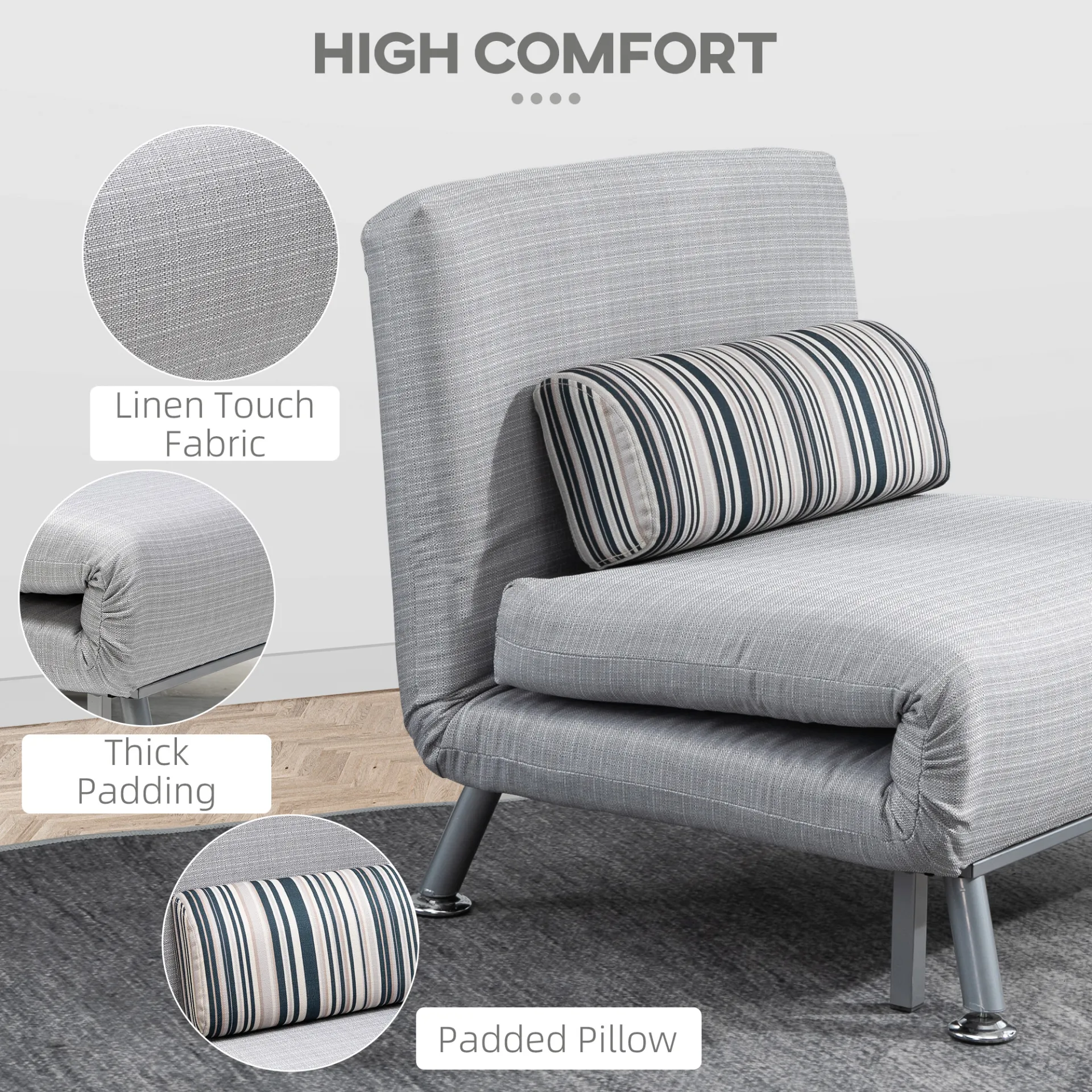 HOMCOM Convertible Single Sofa Bed - Multi-Function, Space-Saving 1 Person Sleeper with Adjustable Back and Pillow, Grey