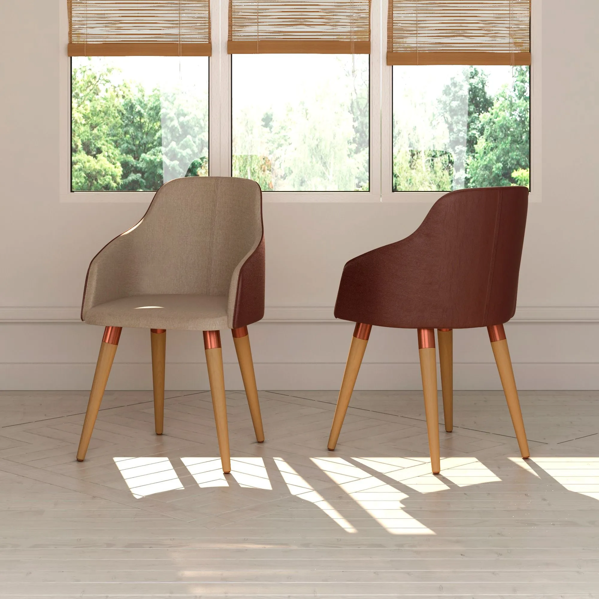Martha Double-Sided Fabric Leather Accent Chair in Brown - Set of 2