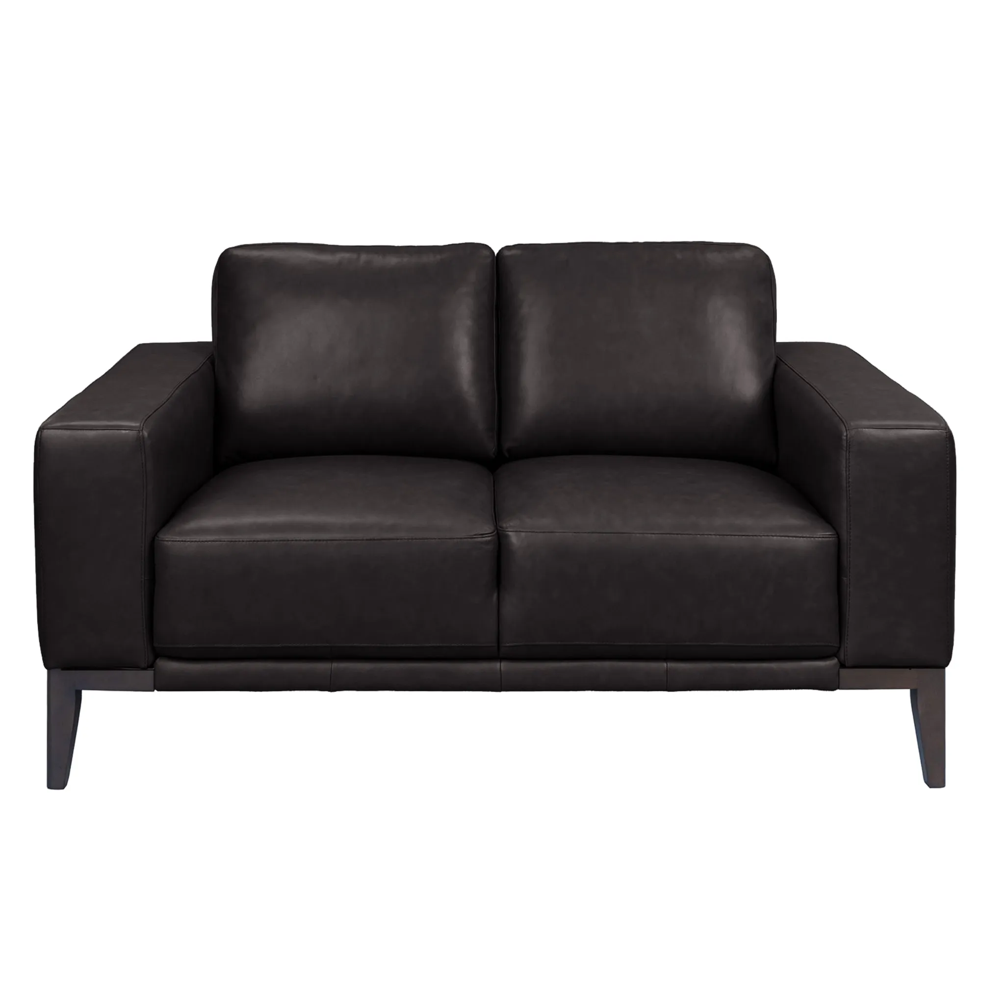 Modern 2-Seater Leather Sofa, Wide Arms, Brown Legs - Lorenzo
